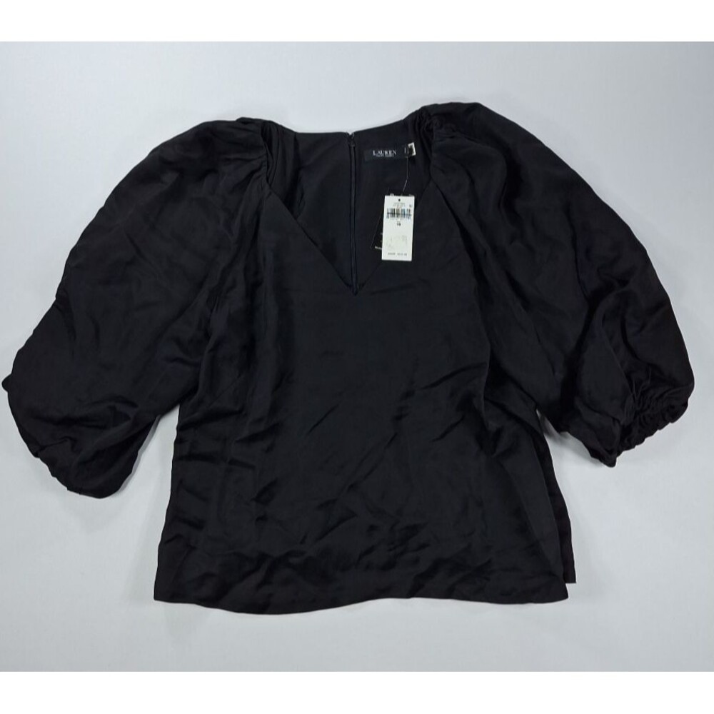 Lauren Ralph Lauren 16 Black V-Neck Blouse Puffy 3/4 Sleeve Solid Top NWT